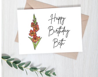 Custom August birth month flower gladiolus card personalized Aug birth flower gladiolus happy birthday card hand drawn design flower