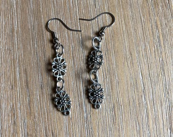 long dangle silver flower earrings fun funky unique jewelry