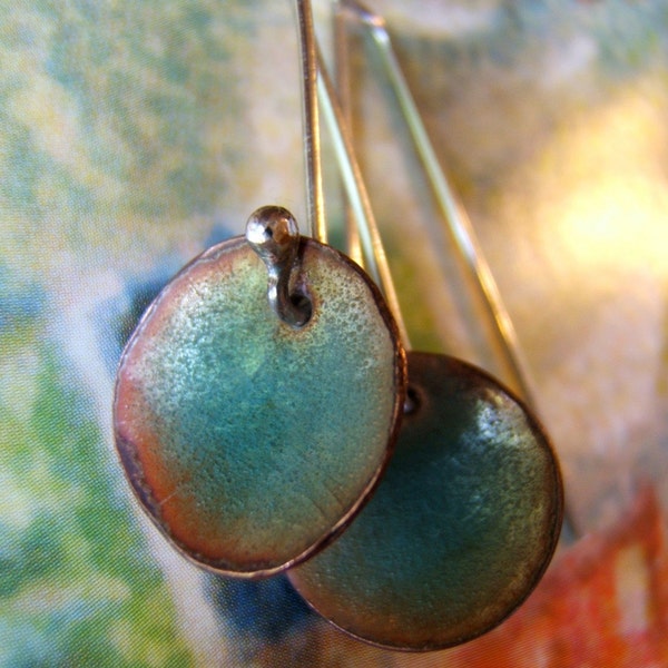 Enameled Copper Disc Earrings/ shimmery turquoise torch fired glass enamel 1/2 inch discs/ ss earwire