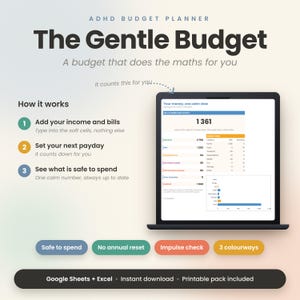 Puede incluir: Un planificador de presupuesto digital para TDAH titulado The Gentle Budget, que muestra una pantalla de portátil con datos financieros, una guía de tres pasos y cuatro botones de colores etiquetados como Safe to spend, No annual reset, Impulse check y 3 colourways.