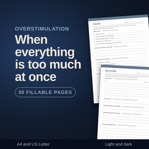 以下が含まれることがあります： OVERSTIMULATION When everything is too much at onceというタイトルのデジタルドキュメントセット。A4およびUSレターサイズの記入可能な30ページで構成されています。各ページにはSoundとMy profileというセクションがあり、記入用の罫線が引かれています。