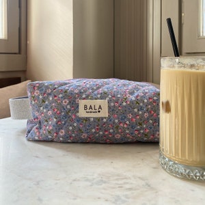 Makeup Bag, Handmade Floral Quilted Fabric Pouch, Zippered Cosmetic Bag, Travel Organizer, Toiletry Case - Christmas Gift
