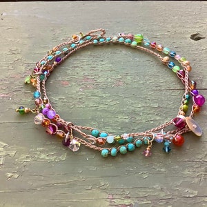 Island girl Turquoise gemstone crystal crocheted 4 times earthy wrap bracelet, can be worn as an anklet or necklace image 1