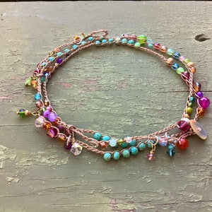 Island girl Turquoise 4 x gemstone crystal crocheted earthy wrap bracelet sable cord