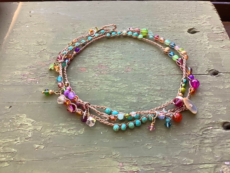 Island girl Turquoise gemstone crystal crocheted 4 times earthy wrap bracelet, can be worn as an anklet or necklace image 1