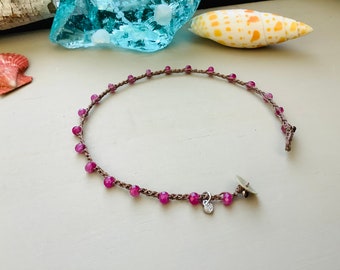 Roze jade gehaakt enkelbandje, boho, natuurlijke sieraden