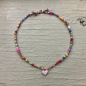 Hand-knotted crystal and gemstone necklace with rhinestone heart