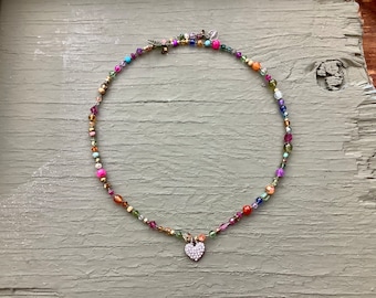 Hand-knotted crystal and gemstone necklace with rhinestone heart