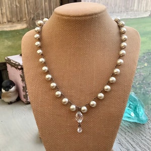 Glass pearl crocheted necklace,in white or taupe, NEW COLOR hint of pink, boho, bohemian earthy necklace image 3