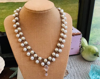 Glass pearl crocheted necklace,in white or taupe, NEW COLOR hint of pink, boho, bohemian earthy necklace