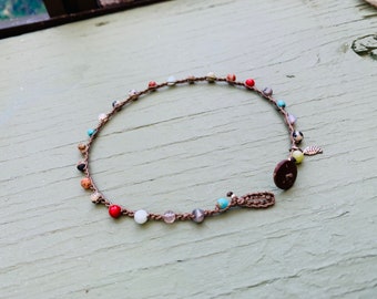 Dalmatian, jasper crocheted natural boho anklets