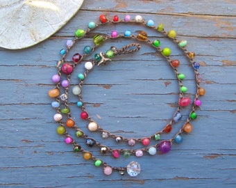 Cute colorful crocheted “hippie” necklace 3 times wrap or necklace