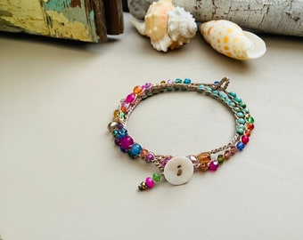 Island girl Turquoise gemstone crystal crocheted 3 times earthy wrap bracelet