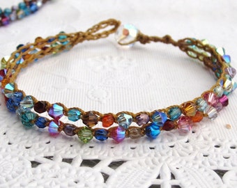 Crocheted double “tennis"  bracelet , Spring Rainbow colors, boho, earthy, natural wear,