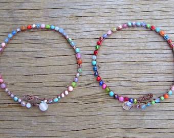 Sunkissed crocheted anklets for summer, with gemstones, beachy