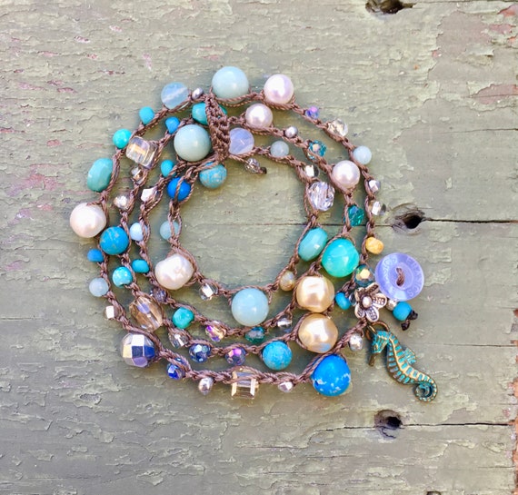 Tuscany pearl crocheted 3 times earthy wrap bracelet | Etsy