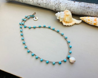 Turquoise Crocheted necklace with baroque, pearl pendant