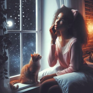Può includere: Una persona con un maglione rosa e orecchie da gatto parla al telefono vicino a una finestra. Un gatto arancione è seduto sul davanzale, guardando in alto. La finestra mostra un cielo notturno con luna piena e stelle.