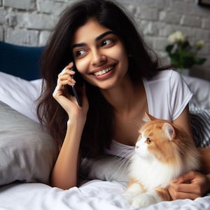 Può includere: Una donna con una maglietta bianca sorride mentre parla su uno smartphone nero. Un soffice gatto arancione e bianco riposa sul letto accanto a lei. La scena si svolge in una camera da letto con un muro di mattoni bianchi e fiori.