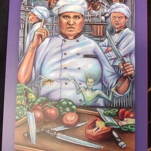 May include: A tarot card illustration depicting a kitchen scene with three chefs, knives, and vegetables. The central chef, wearing a white uniform and chef's hat, has an angry expression. The card is titled "Five of Blades."