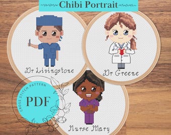 Custom Doctor/Nurse Chibi Cross Stitch Pattern (PDF Download) from photo, Nursing/Medical Student Gift, Personalized Portrait Cross-Stitch