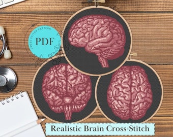Anatomic Brain Cross Stitch Pattern Bundle (Instant PDF Download), Three Realistic Brain Patterns with Labels, Easy Cross Stitch