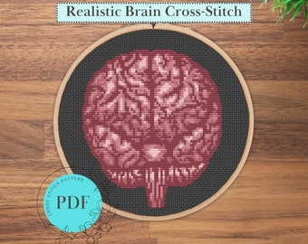 Anatomic Brain Cross Stitch Pattern (Instant PDF Download), Front View Realistic Brain Pattern, Easy Science Cross Stitch