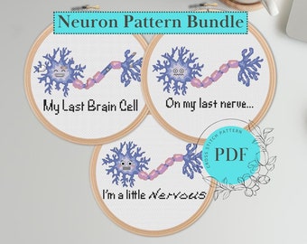 Funny Neuron Cross Stitch Pattern Bundle (Instant PDF Download), “On My Last Nerve” and “My last Brain Cell”, Easy Cute Science Gift