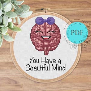 Funny Anatomical Brain Cross Stitch Pattern (Instant PDF Download), “You have a beautiful mind”, Cute, Easy, Science Quote Mini Cross Stitch