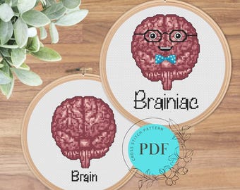 Funny Anatomical Brain Cross Stitch Pattern Bundle (Instant PDF Download), Nerdy Brain “Braniac” Design, Cute Easy Mini Science Cross Stitch