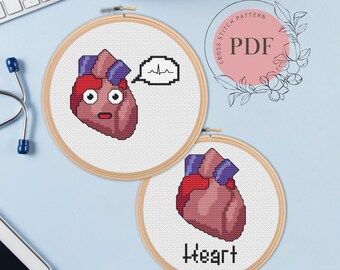 Cute Cartoon Heart Easy Cross Stitch Pattern (Instant PDF Download), Human Anatomy, Doctor Gift, Funny Science Cross Stitch