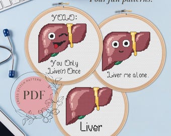 Funny Liver Cross Stitch Patterns “Liver Me Alone” and “YOLO” (Instant PDF Download), Easy, Cute Human Anatomy Cartoons, Science Gift