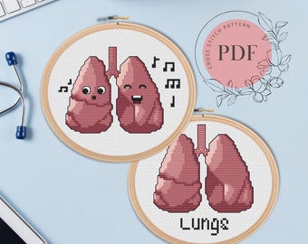 Cute Cartoon Lungs Easy Cross Stitch Pattern (Instant PDF Download), Singer Gift, Doctor Gift, Human Anatomy,  Funny Science Cross Stitch