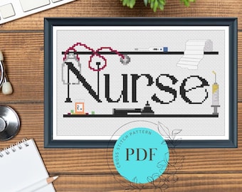 Nurse Cross Stitch Pattern with Medical Tools (Instant PDF Download), Nurse and Nursing Student Gift, Easy Cross Stitch Pattern