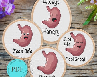 Feed Me/Always Hangry Funny Stomach Cross Stitch Patterns (Instant PDF Download), Easy, Cute Human Anatomy Cartoons, Doctor Gift, Nurse Gift