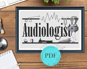 Audiologist Cross Stitch Pattern with Audiology Tools (Instant PDF Download), Doctor Gift, Clinic Decor, Audiology Art, Easy Cross Stitch