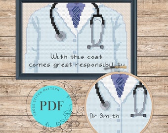 Doctor’s White Coat Mini Cross Stitch Pattern (Instant PDF Download), Customizable Doctor and Medical Student Gift, Easy Cross Stitch