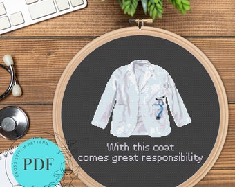 Doctor’s White Coat with Stethoscope Cross Stitch Pattern (Instant PDF Download), Doctor/Medical Student Gift, Easy Cross Stitch Pattern