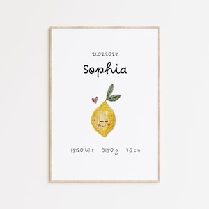 Geburtsposter personalisiert | Baby Poster mit Name & Geburtsdaten | Geschenk zur Geburt | mit Aquarell Zitronen-Motiv | Kinderzimmer Deko