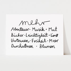 Postkarte positive Affirmation: mehr Abenteuer, Musik, Leichtigkeit | Karte Lettering minimalistisch handgeschrieben | Postkarte "MEHR"