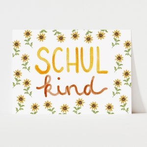 Postkarte zur Einschulung | Karte Schulkind | Erster Schultag | Grußkarte Schulanfang Sonnenblumen | handgeschrieben Aquarell