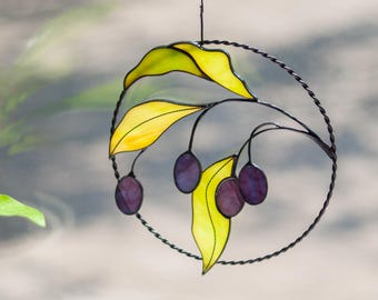 Mini Olivenbaum Zweig Glasmalerei, Glasfrucht botanische Kunst, Einweihungsparty Geschenk für Pflanzenliebhaber