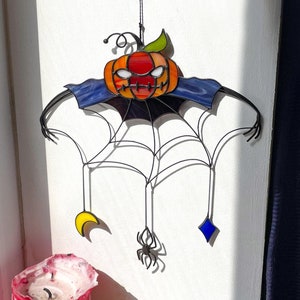 Stained Glass Pumpkin Suncatcher: Spider Web Halloween Decor