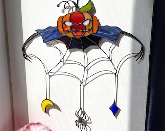 Stained Glass Pumpkin Suncatcher: Spider Web Halloween Decor