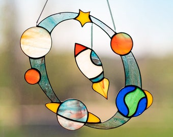 Stained Glass Space Suncatcher: Rocket & Milky Way Galaxy Decor