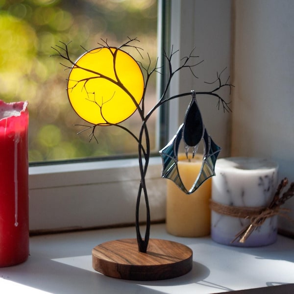 Bat and Moon Suncatcher, Stained Glass Bat Halloween Decor, Scary Decoration Bat and Tree, Halloween Table Decor Perfect Goth Decor for Room