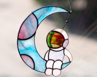 Blue suncatcher Cute astronaut - Stained glass space gift, Window glass art Light Catcher, fathers day art