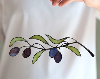 Glasmalerei Olivenzweig, Natur Suncatcher Künstliche Zweige, Pflanzenliebhaber Geschenk Fensterdekoration