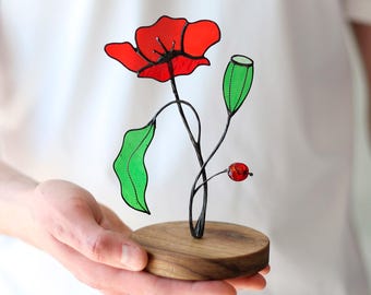 Stained glass California poppy - Suncatcher flower, Mother's Day Plant lover gift