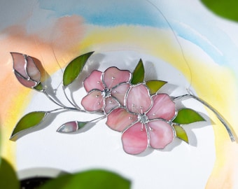 Atrapasueños de flores de vidrieras, adorno colgante de ventana con flores de cerezo rosas, decoración floral para el hogar